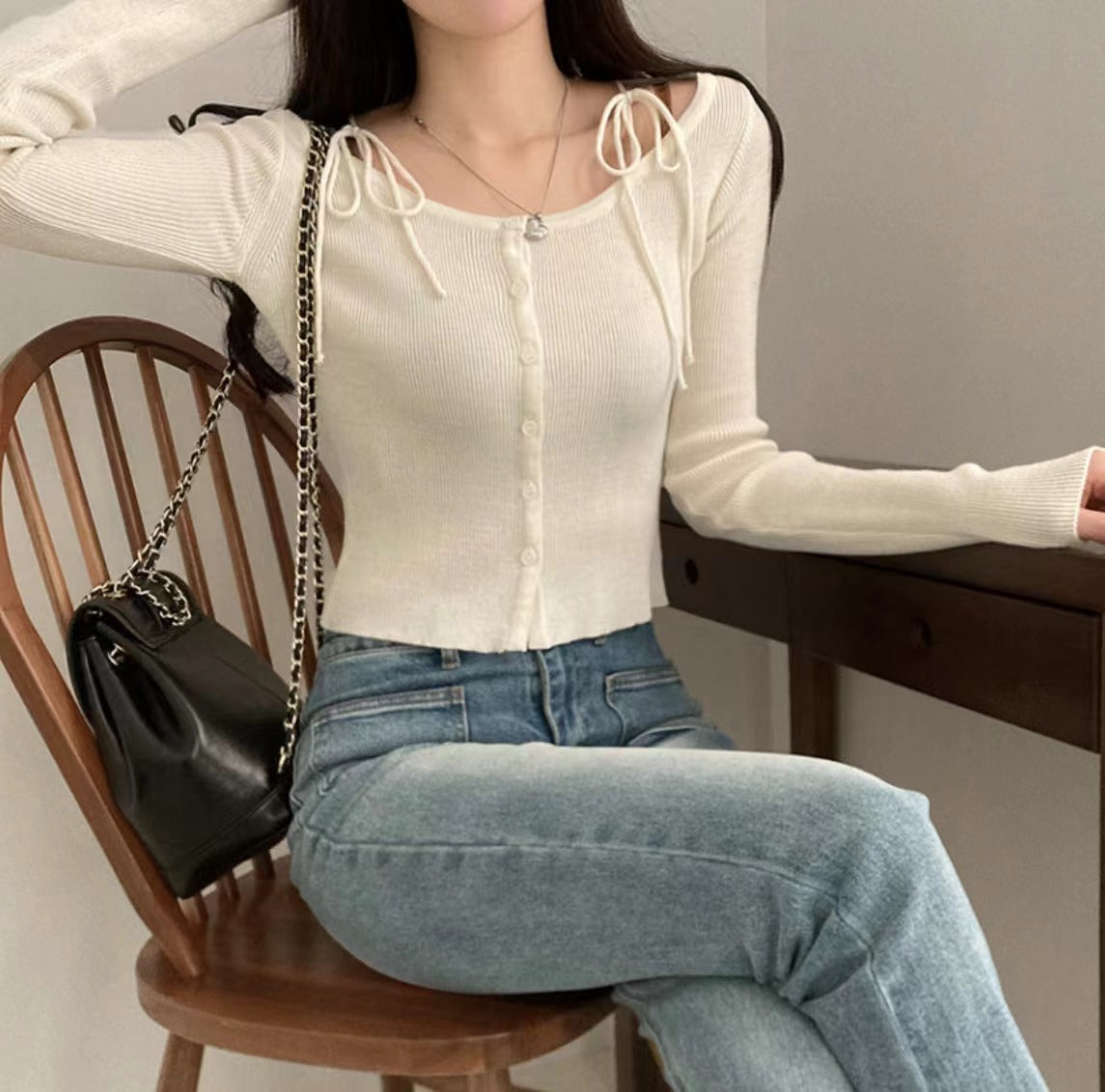 Women's French Style Tied Long-sleeved Sweater Slimming