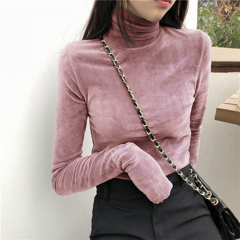 Fleece-lined Thick Long-sleeved T-shirt Keep Warm Inner Match Turtleneck Top