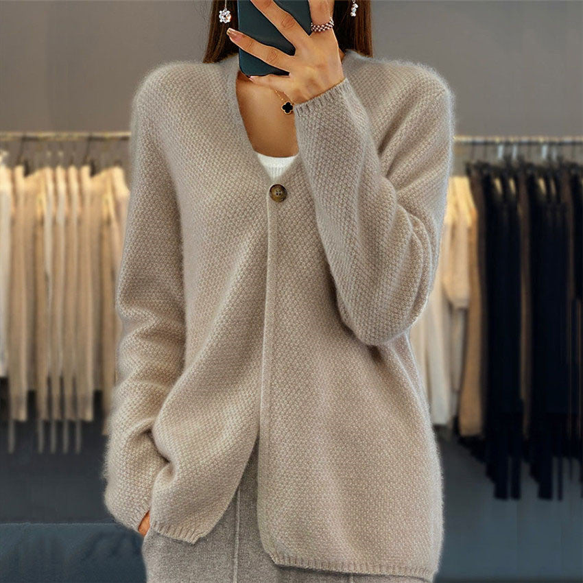 Women's V-neck Solid Color Long-sleeved Knitted Cardigan