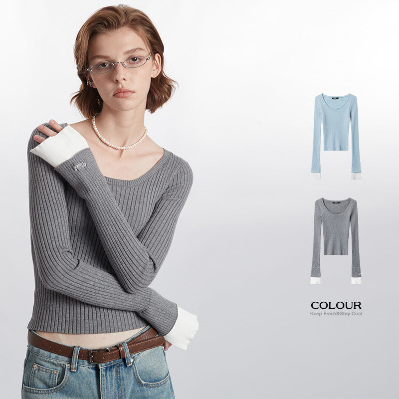 American-style Slim-fit Sweater Pullover Solid Color Casual