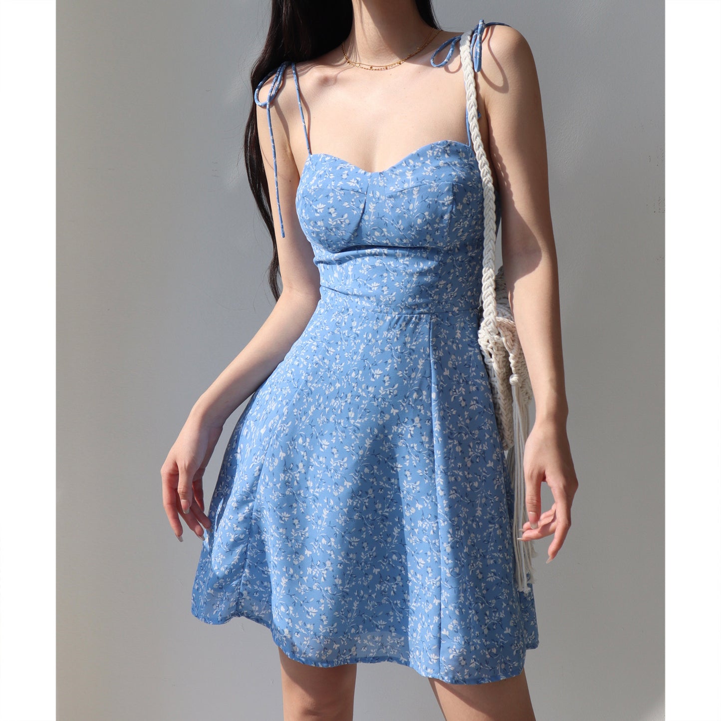 Retro Girl Blue Laced Floral Strap Dress A- Line Vacation Style