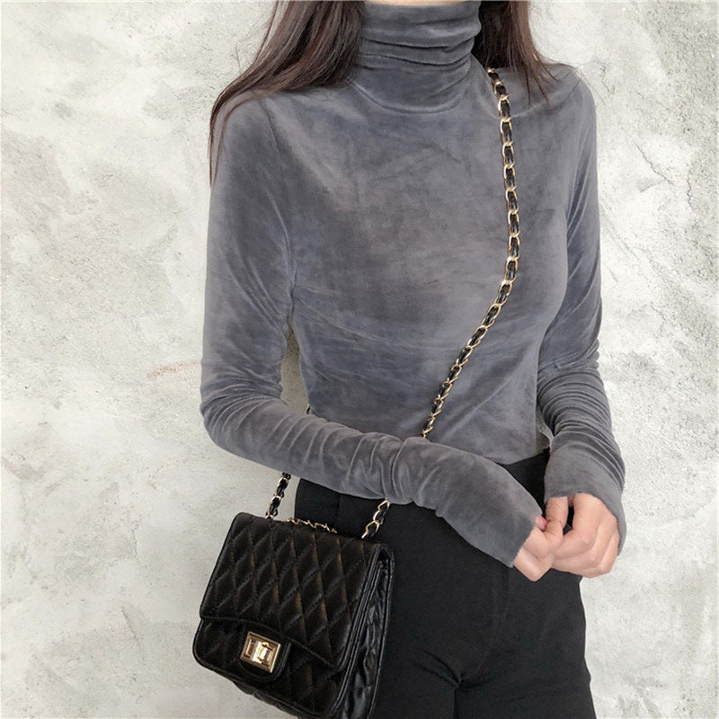 Fleece-lined Thick Long-sleeved T-shirt Keep Warm Inner Match Turtleneck Top