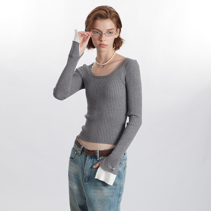 American-style Slim-fit Sweater Pullover Solid Color Casual