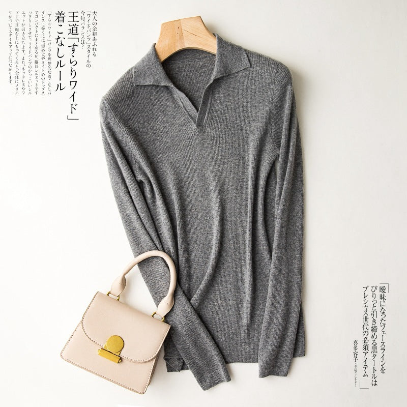 V-neck Long-sleeved Sweater Women's Lapel Polo Collar Sweater