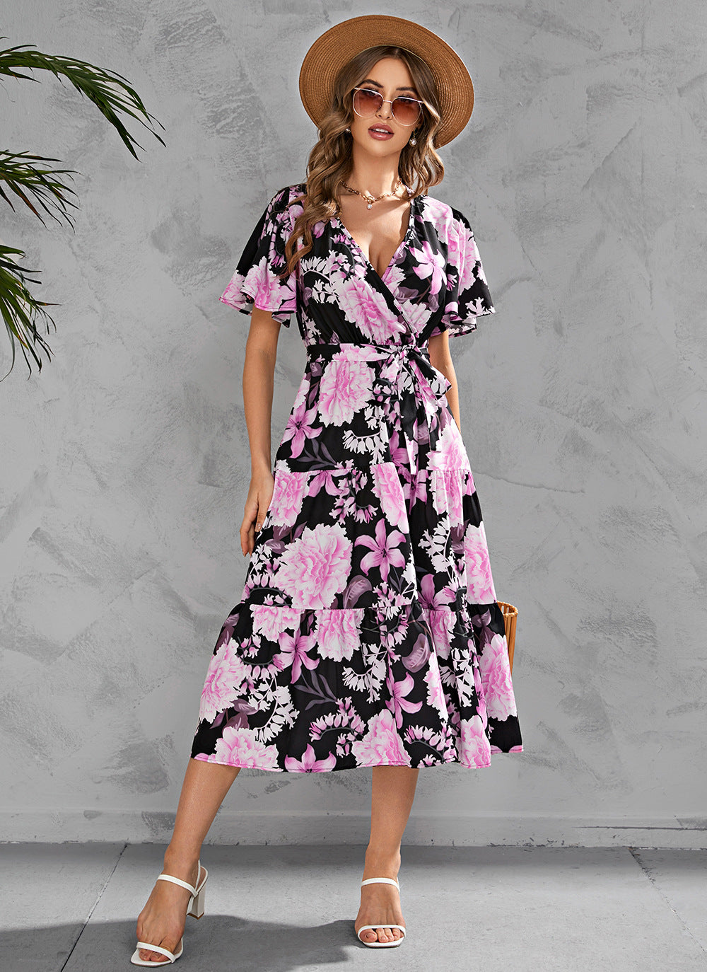 Printed V-neck Waist-tight Mid-length Dress