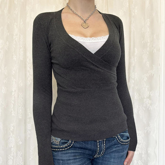 Women's V-neck Lace Stitching T-shirt Hot Girl Knitted Top