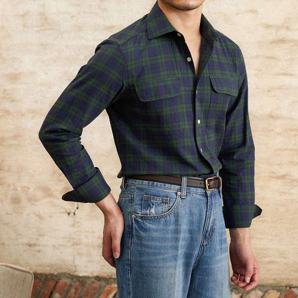 Summer Plaid Casual Shirt Seersucker