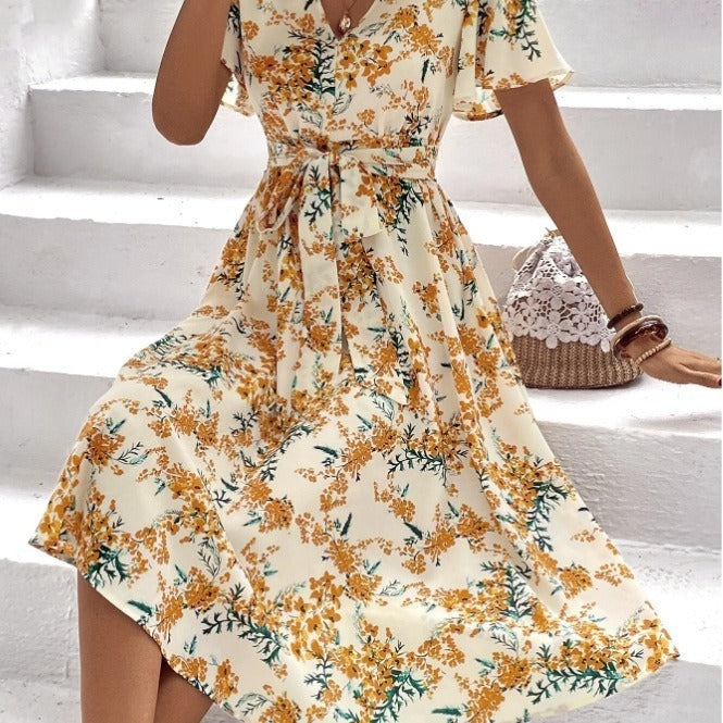 Women's Clothing Bohemian Spring And Summer Elegant Floral Print Lace-up Dress