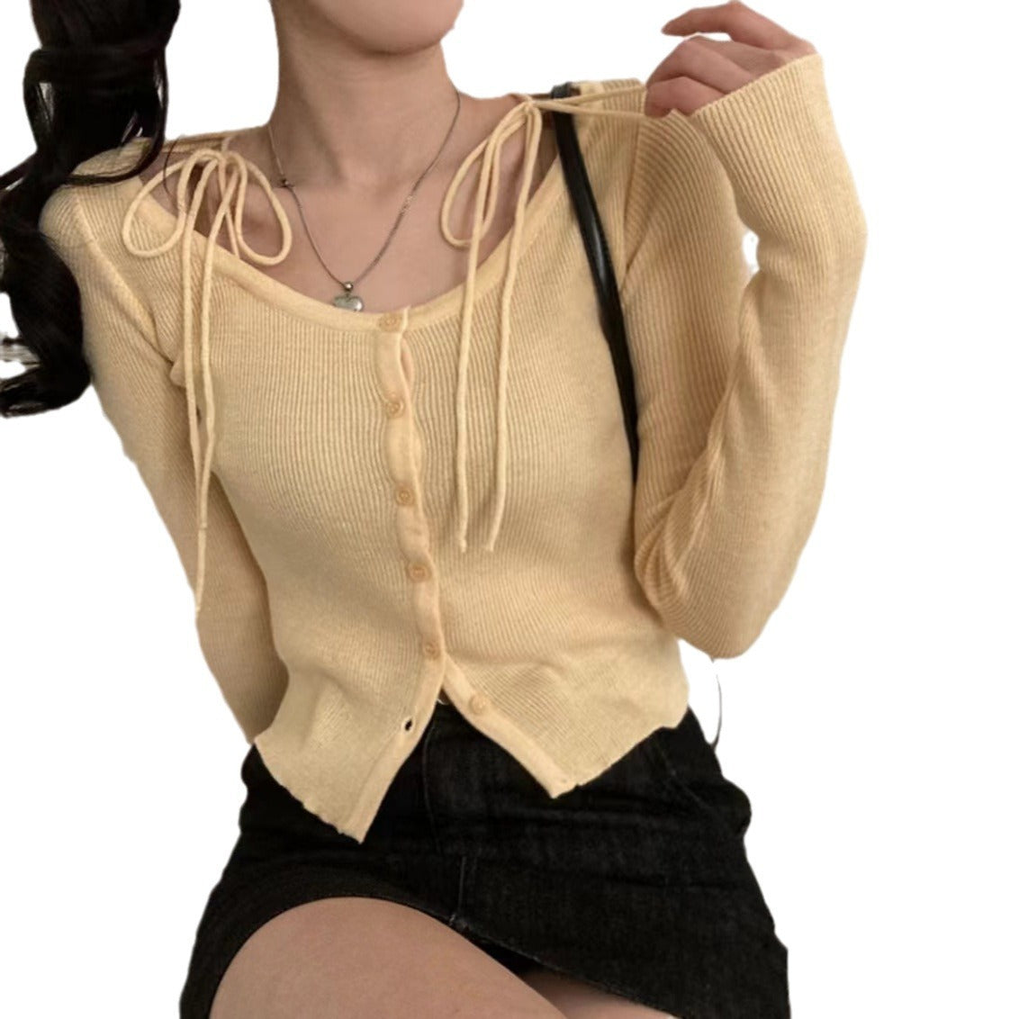 Women's French Style Tied Long-sleeved Sweater Slimming