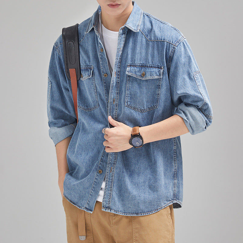 Japanese Style Loose Plus Size Casual Men's Denim Coat Long Sleeve Shirt