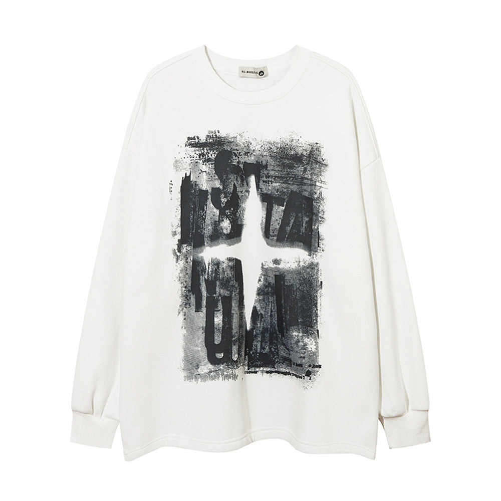 Cross Graffiti Printing Round Neck Fleece-lined Sweater