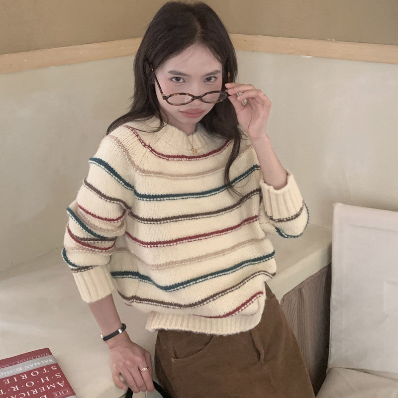 Colorful Striped Soft Glutinous Knitted Round Neck Pullover All-matching Long Sleeve Sweater