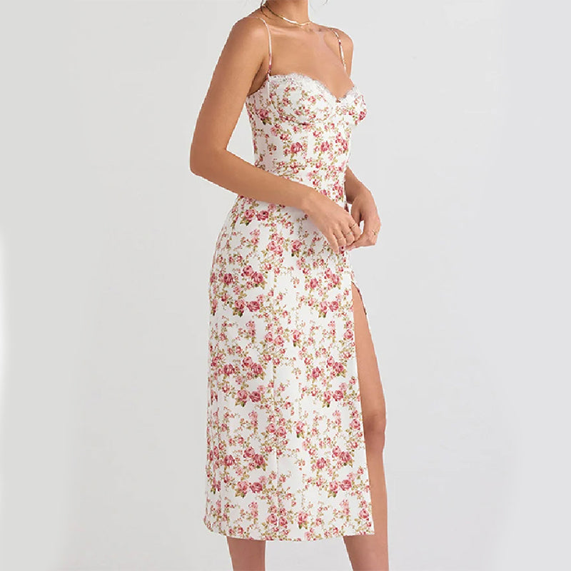 Vestido largo con estampado de flores de encaje con tirantes y abertura para mujer