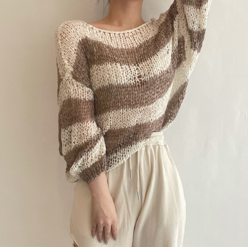 Off-shoulder Drop-shoulder Sleeve Mixed Color Stripe Hollow Sun Protection Thin Sweater