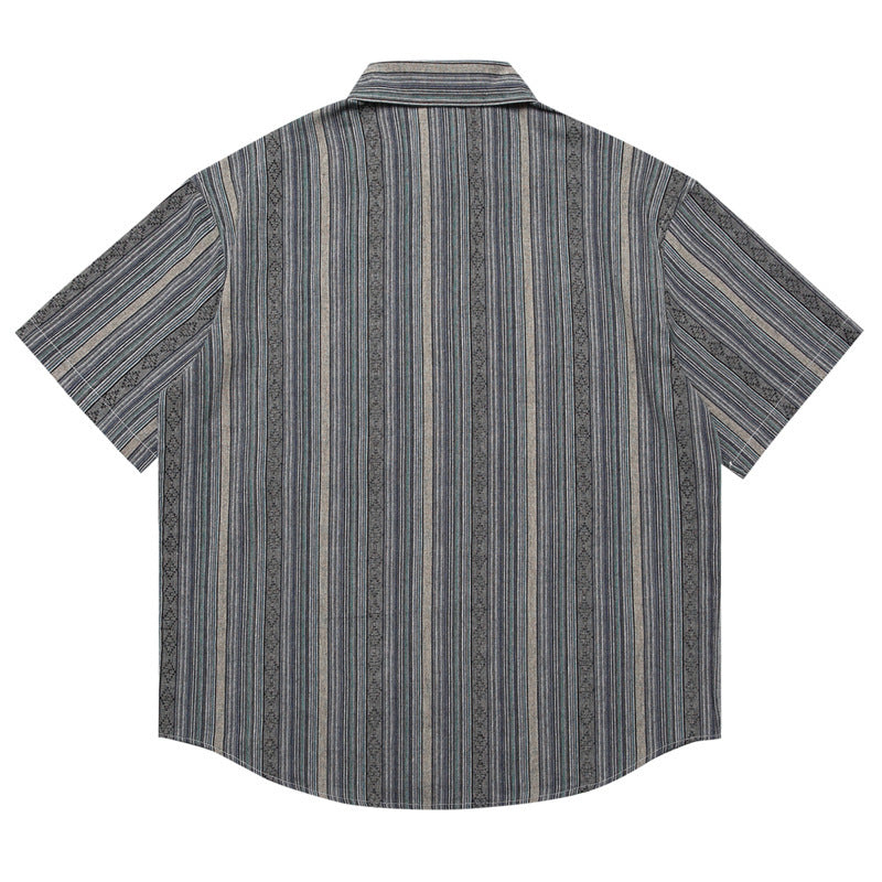 Japanese-style Retro Amekaji Ethnic Style Striped Jacquard Short Sleeve