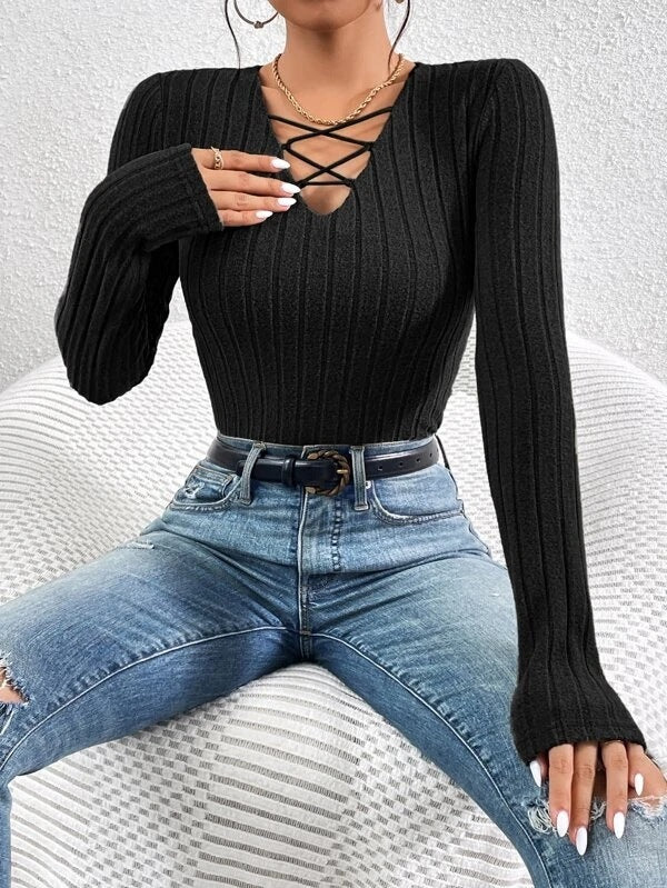 V-neck Long-sleeved Knitted T-shirt Top