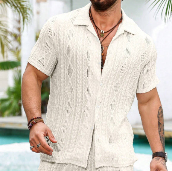 Camisa casual transparente con encaje de color sólido para hombre