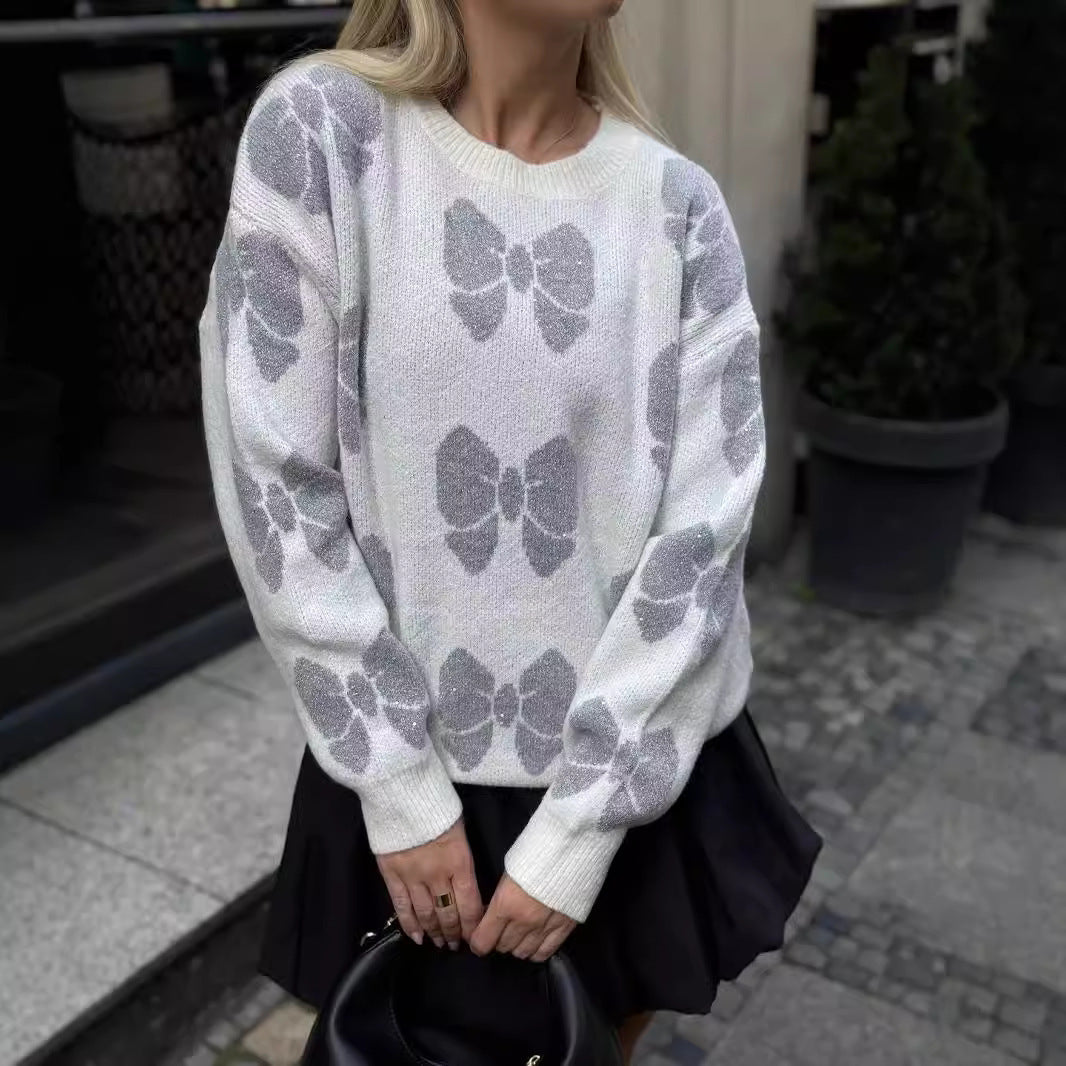 Printed Butterfly Round Neck Loose Knitwear Pullover Sweater