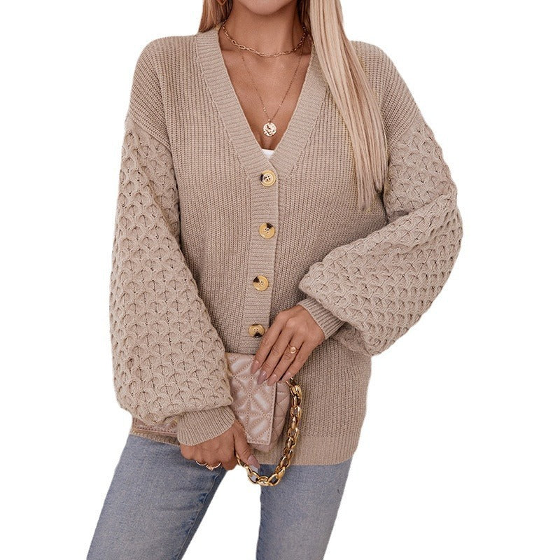 Women's V-neck Sweater Single-breasted Lantern Sleeve