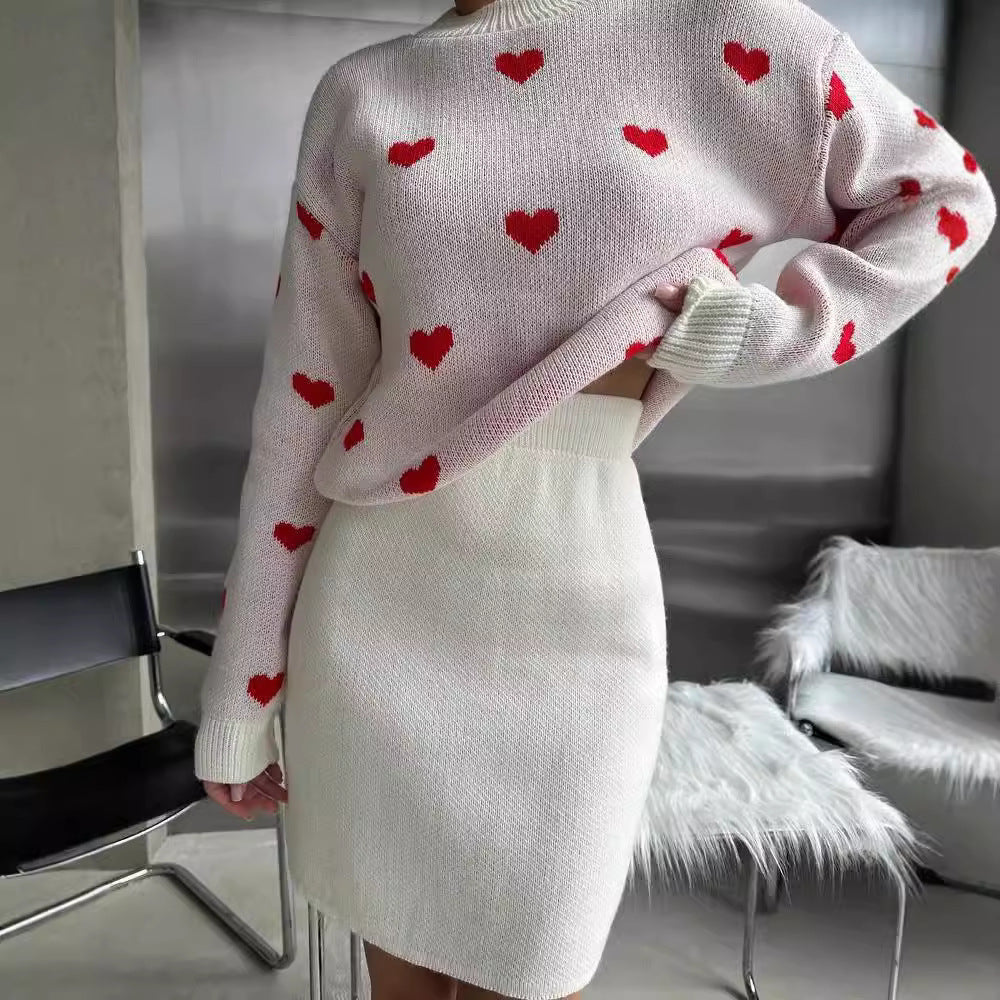 Round Neck Long Sleeve Slim Love Brocade Sweater