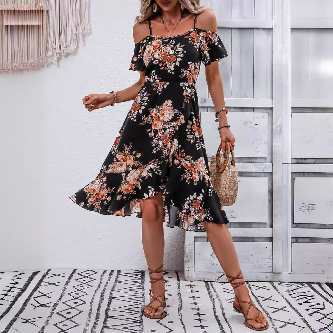 Off-neck Summer Printed Elastic Waist Sling Dress