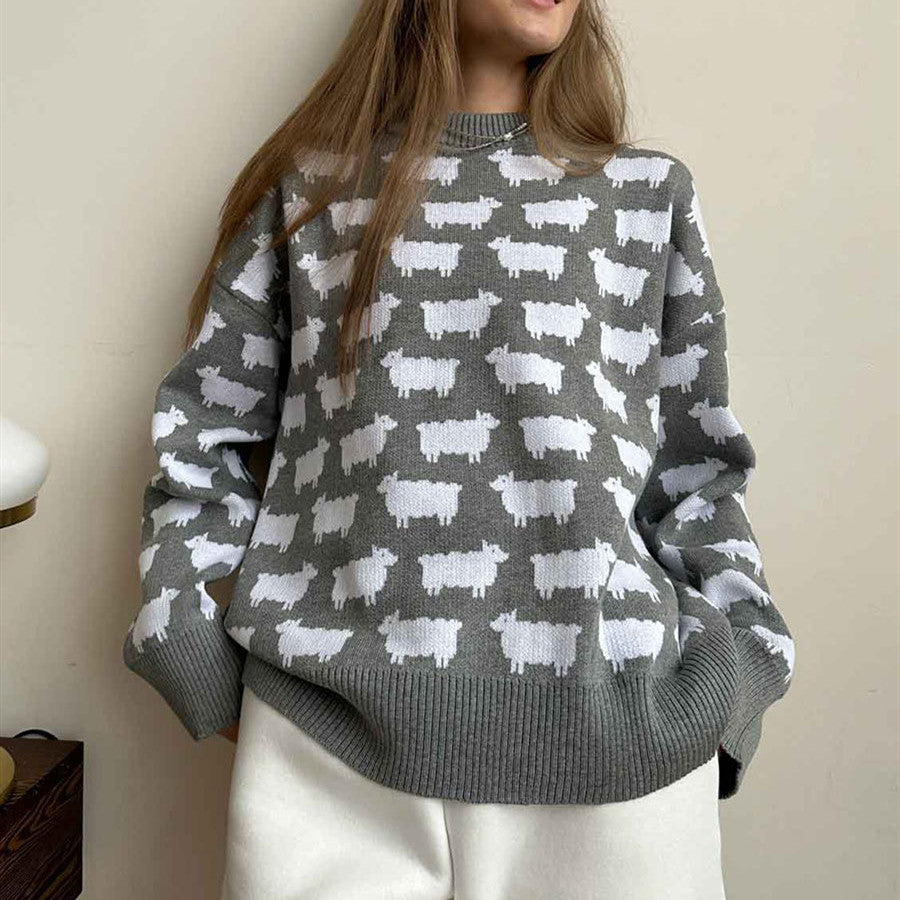 Women's Round Neck Alpaca Printed Sweater Loose