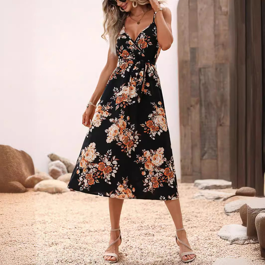 Women's Summer Printed Waist-controlled Sling Dress