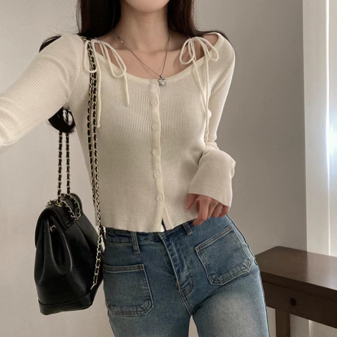 Women's French Style Tied Long-sleeved Sweater Slimming