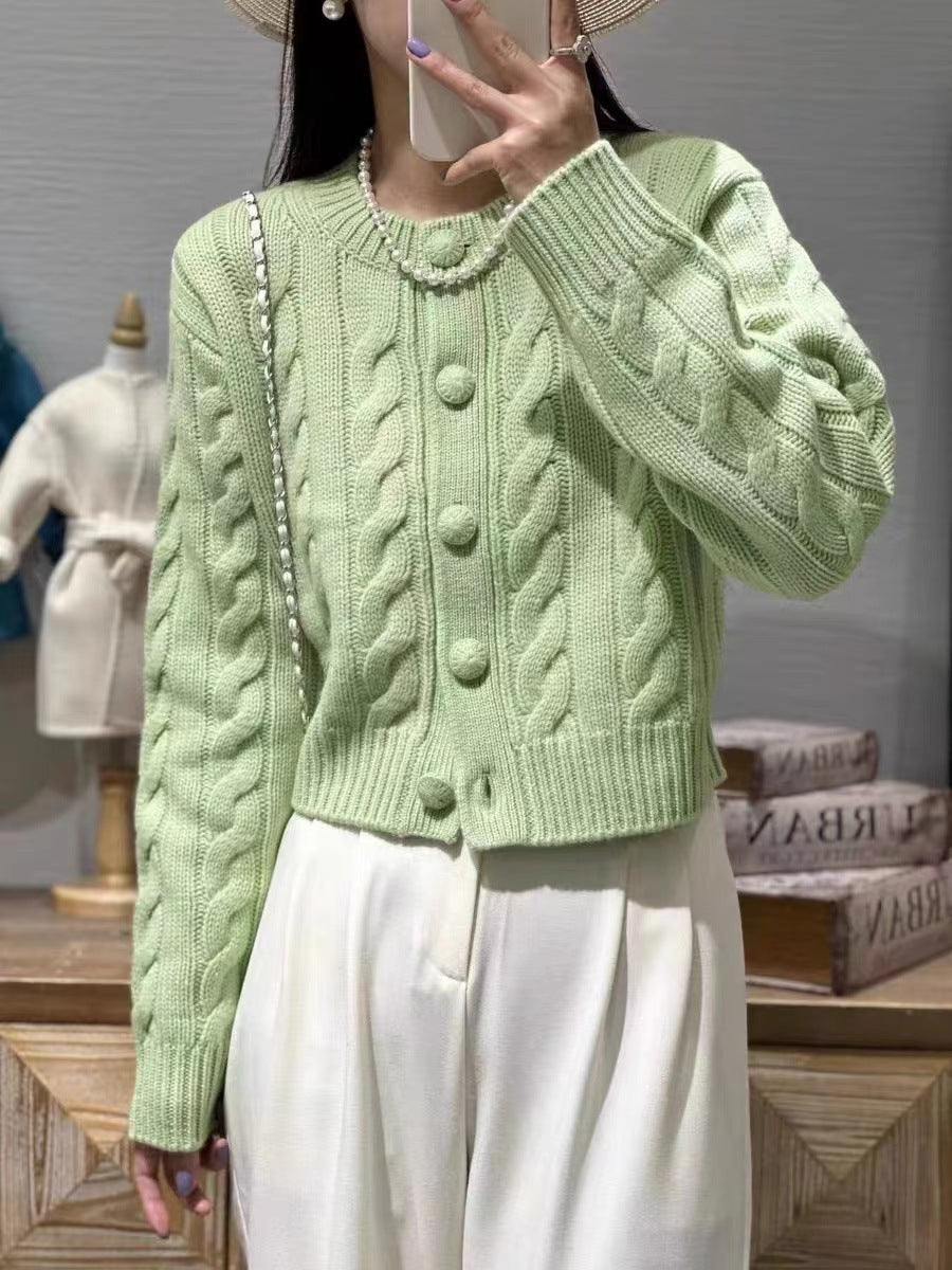 Lazy Round Neck Knitted Soft Glutinous Wool Cardigan Sweater Coat For Women