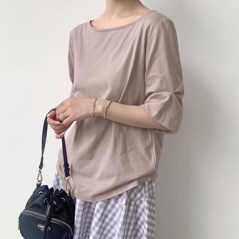 Leisure Artistic Versatile Loose Striped Solid Color Half Sleeve T-shirt