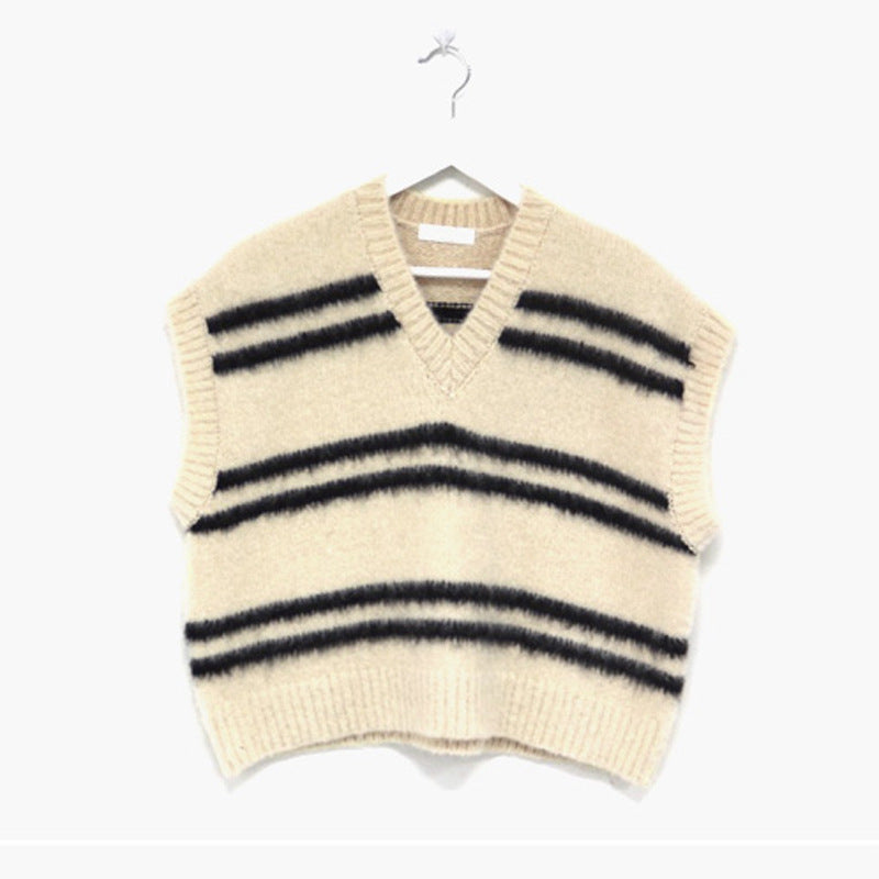 Contrast Color Striped V-neck Wool Vest Loose Pullover Knitting Vest