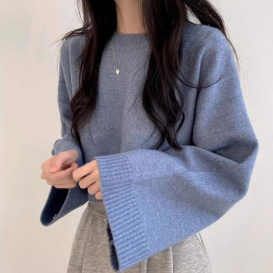 Solid Color Loose Small Short Long Sleeve Round Neck Pullover Sweater