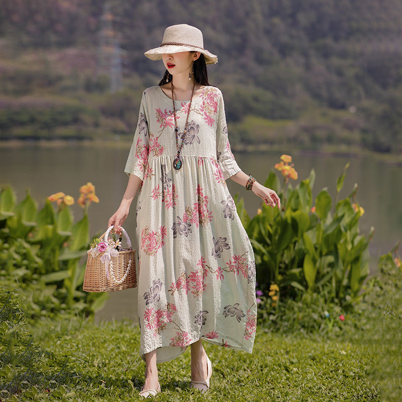 Summer Ethnic Style Plus Size Printed Belly Covered Thin Over The Knee Three-quarter Sleeve Women's Dress