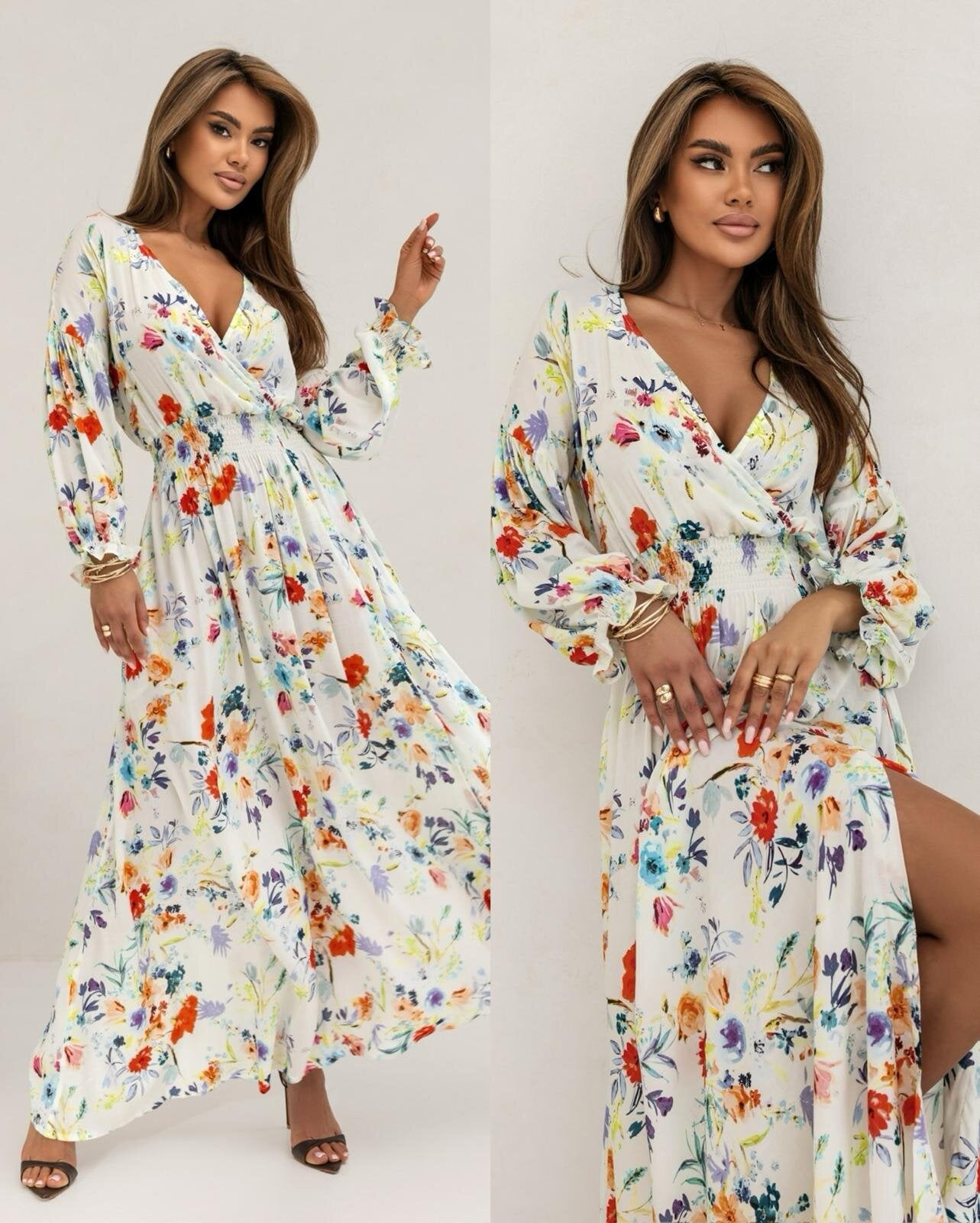 Women's Fashion Long Sleeve V-neck Split Print Dress