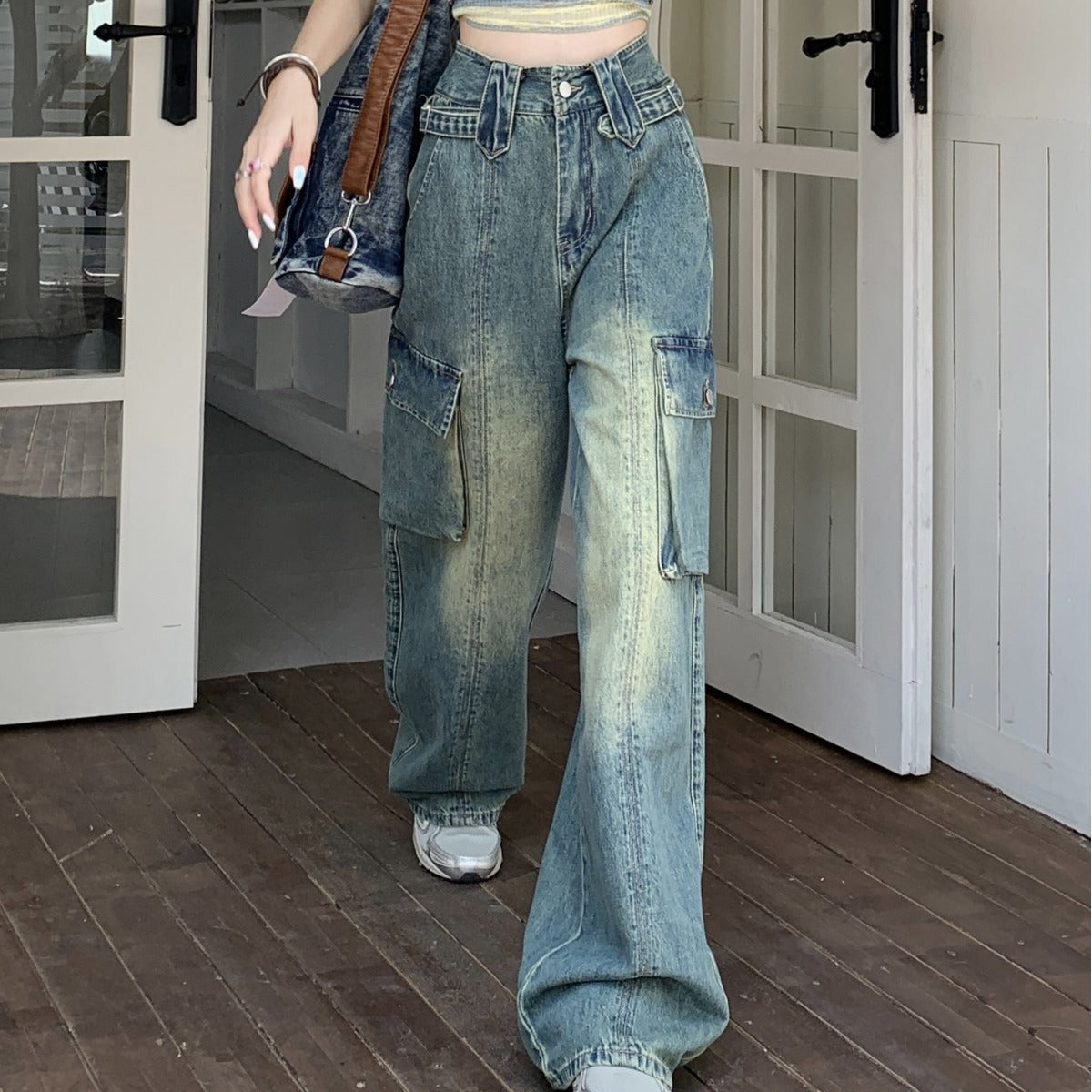 Jeans rectos Retro americana pierna ancha cintura alta holgado para mujer