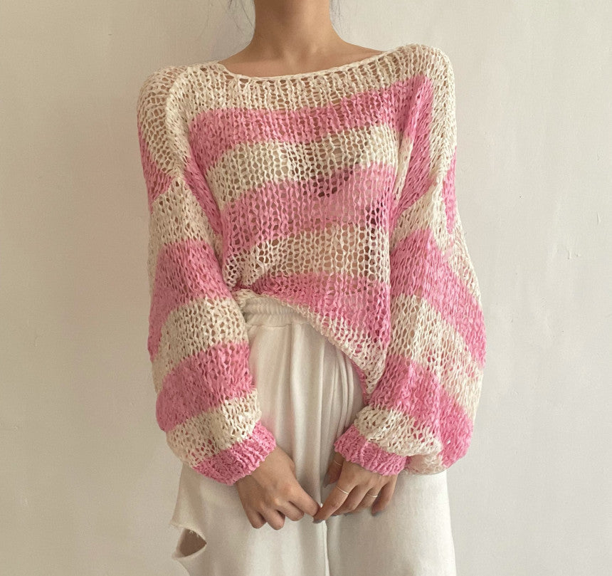 Off-shoulder Drop-shoulder Sleeve Mixed Color Stripe Hollow Sun Protection Thin Sweater