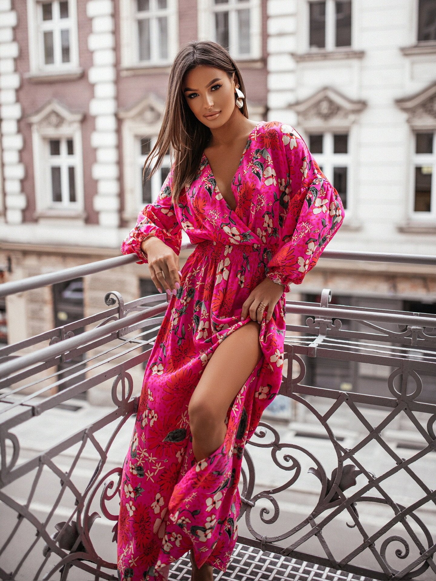 Women's Fashion Long Sleeve V-neck Split Print Dress