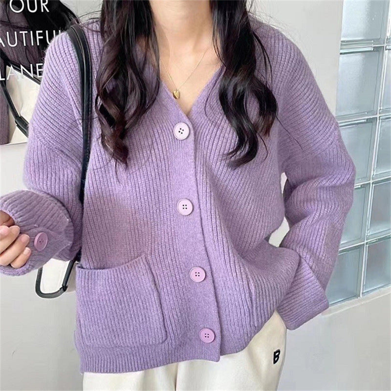 Korean Style Solid Color And V-neck Pocket Knitted Cardigan Sweet Cuff Sweater Coat