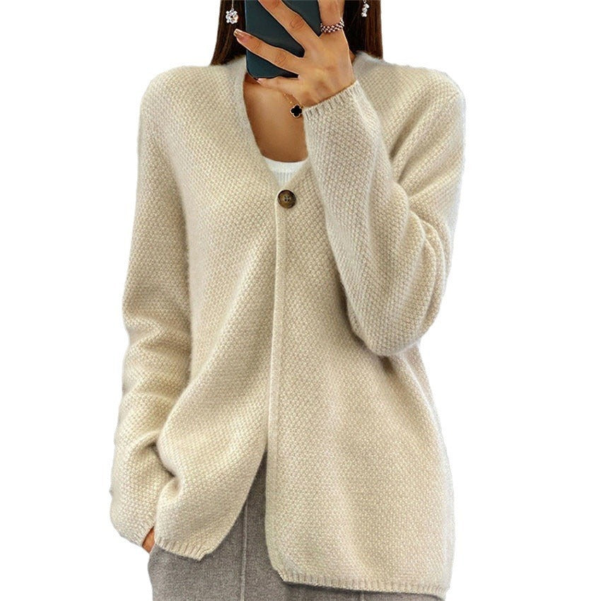 Women's V-neck Solid Color Long-sleeved Knitted Cardigan