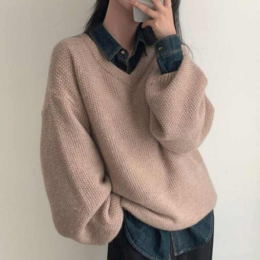 Coarse Yarn Loose Pullover V-neck Knitted Sweater