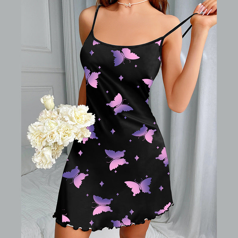 Butterfly Print Strap Pajamas Nightdress Milk Silk