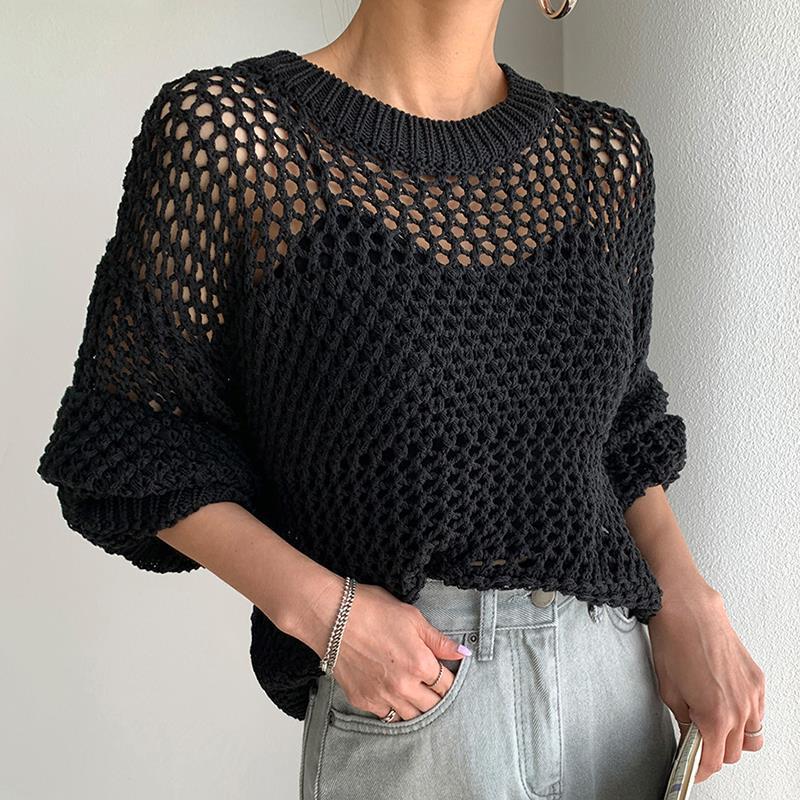 Elegant Retro Round Neck Exquisite Hollow-out Transparent Design Loose Sweater