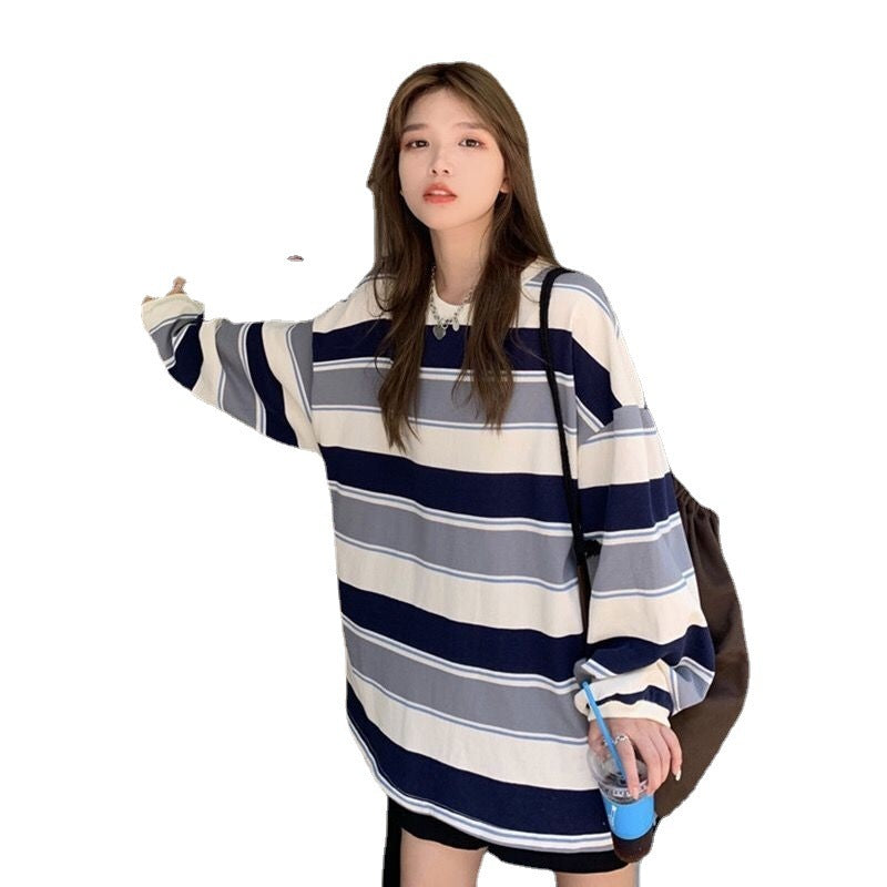 New Korean Style Loose-fitting Striped Long Sleeves T-shirt For Women