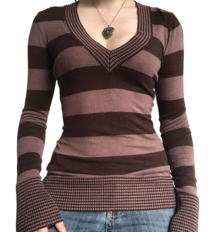 Women's Striped Peach Collar Tight Flared Sleeve Sweater