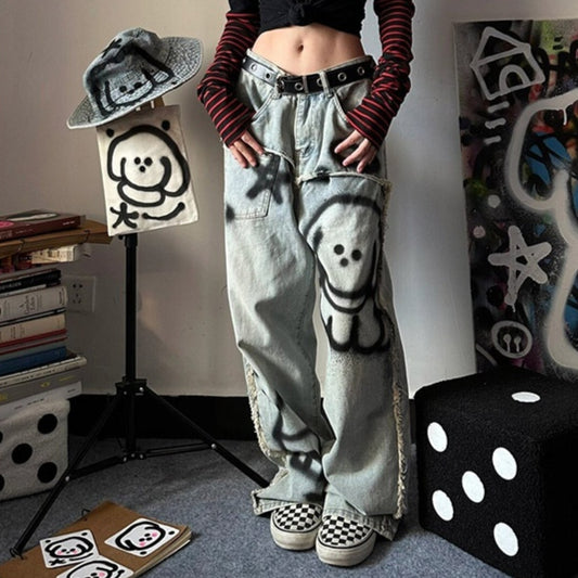 Jeans holgados retro Y2g Graffiti para mujer