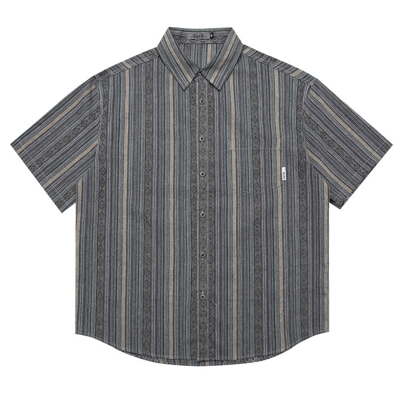 Japanese-style Retro Amekaji Ethnic Style Striped Jacquard Short Sleeve