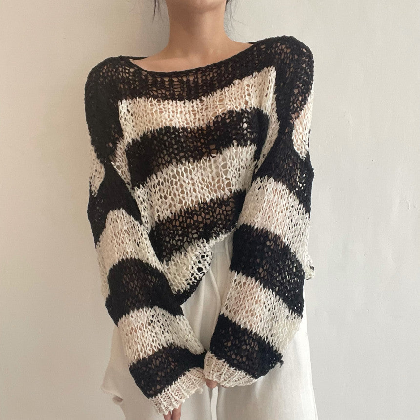 Off-shoulder Drop-shoulder Sleeve Mixed Color Stripe Hollow Sun Protection Thin Sweater