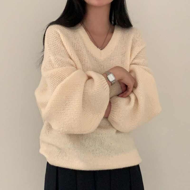 Coarse Yarn Loose Pullover V-neck Knitted Sweater