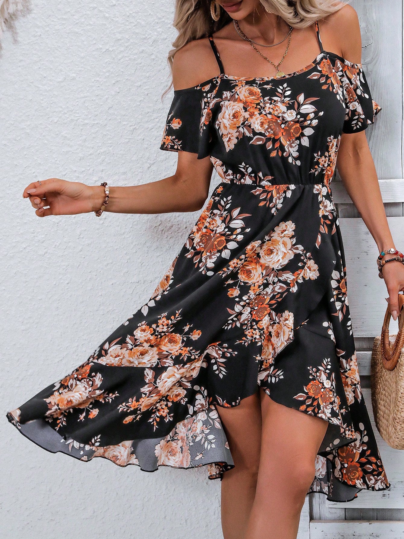 Off-neck Summer Printed Elastic Waist Sling Dress