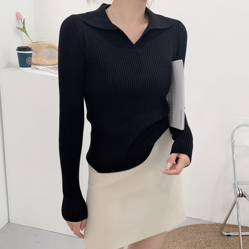 V-neck Long-sleeved Sweater Women's Lapel Polo Collar Sweater